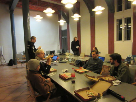 Late night hacking with pizza.